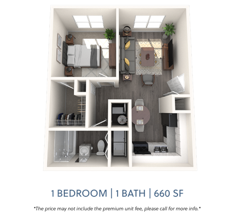 Floor plan for 1 bed, 1 bath, 660 sqft